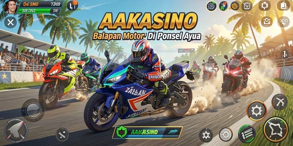 Screenshot gameplay AAKASINO menampilkan aksi balapan motor yang mendebarkan.
