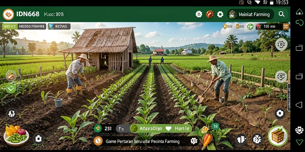 Tampilan screenshot IDN668 menunjukkan aktivitas seru bertani di lahan pertanian.
