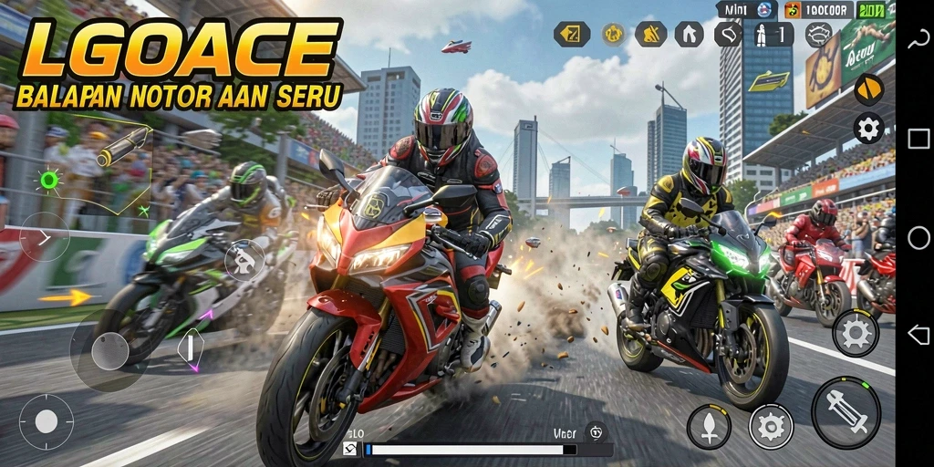 Tampilan mendebarkan dari gameplay LGOACE dengan balapan motor yang intens.