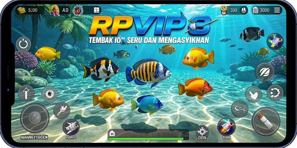 Screenshot RPVIP3 menampilkan gameplay Tembak Ikan yang menarik dan penuh warna.