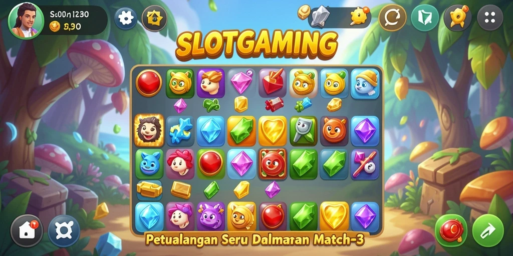 Screenshot gameplay SLOTGAMING menampilkan keseruan bermain Match-3.